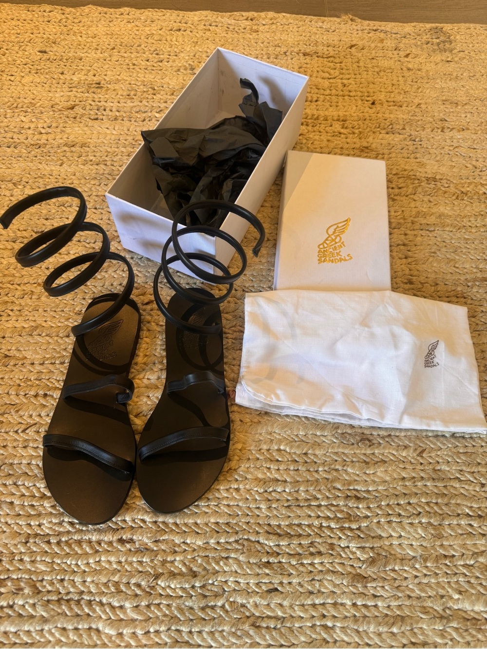 Never Worn - Ancient Greek Sandals Black Spiral  Leather Sandals with Ankle Coil